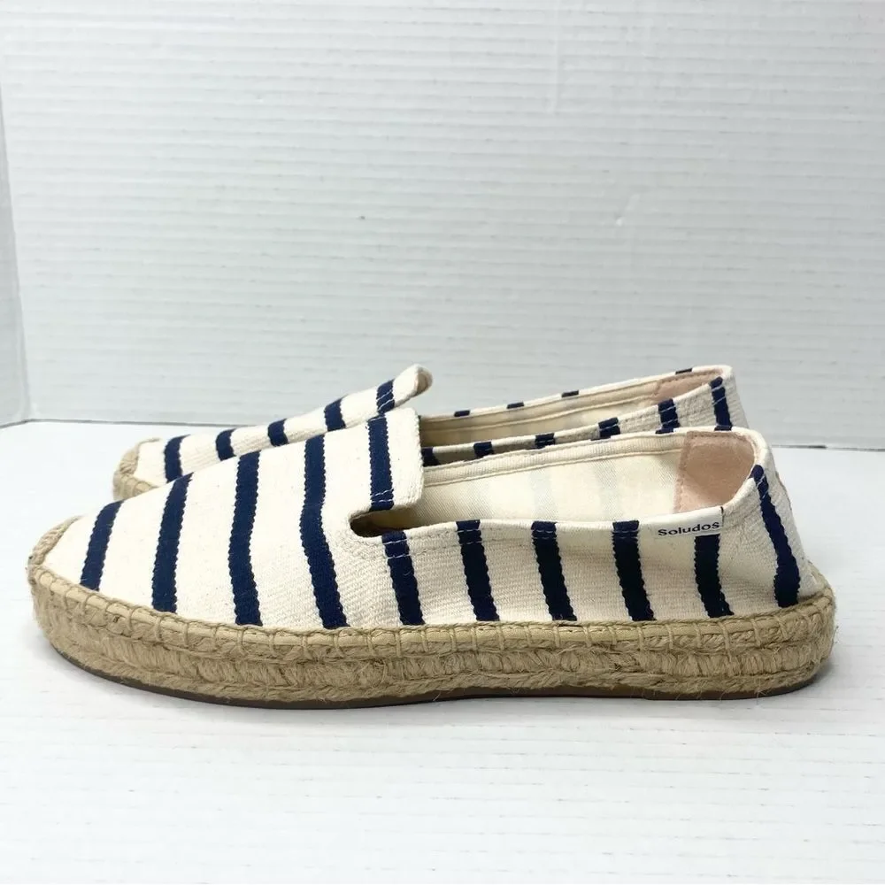 Soludos Womens 7.5 Stripe Smoking Slipper Canvas Shoes Espadrille Cream Navy - Picture 3 of 8